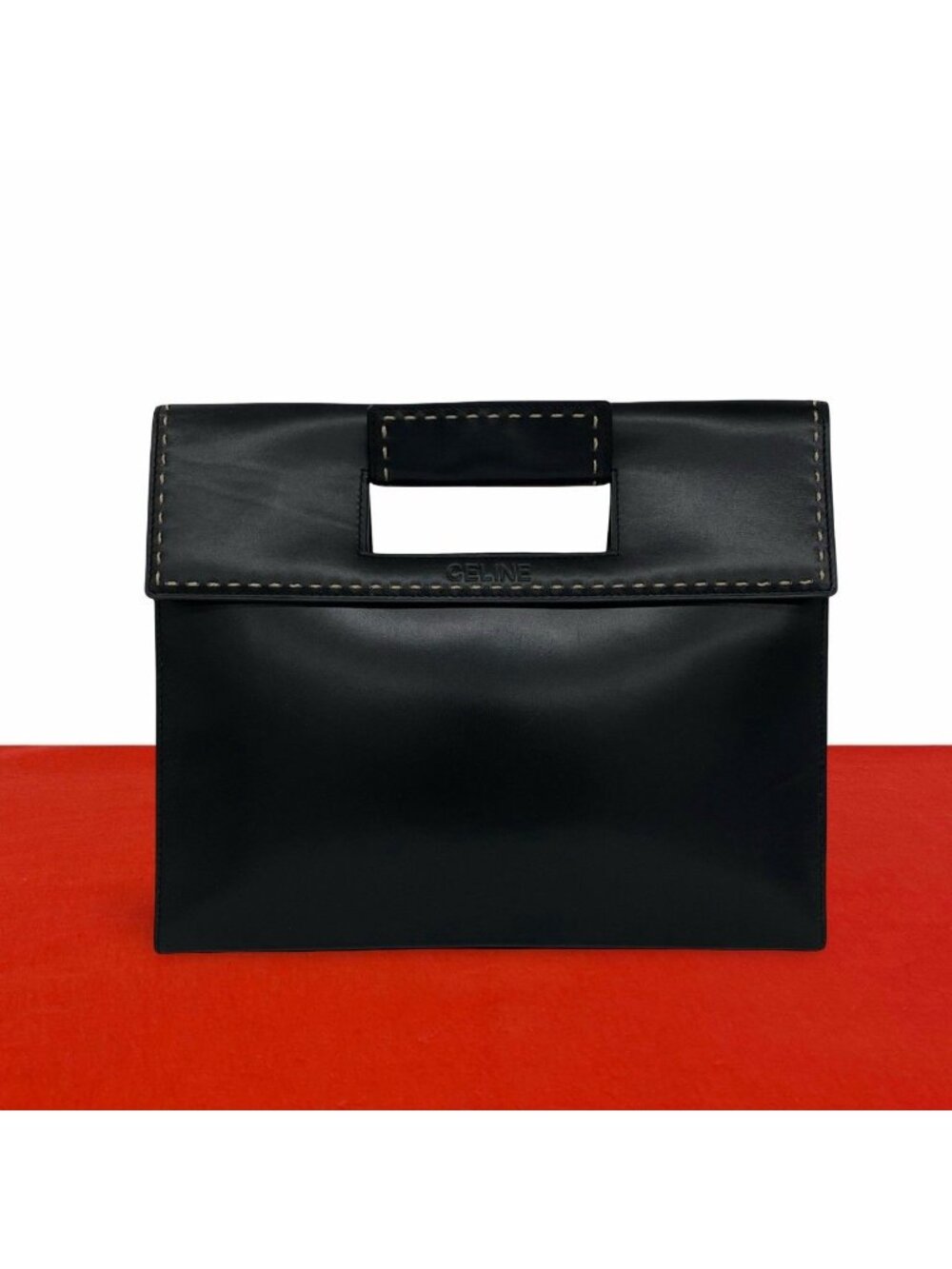 Celine Vintage Logo Stamp Stitch Leather Tote Bag Black